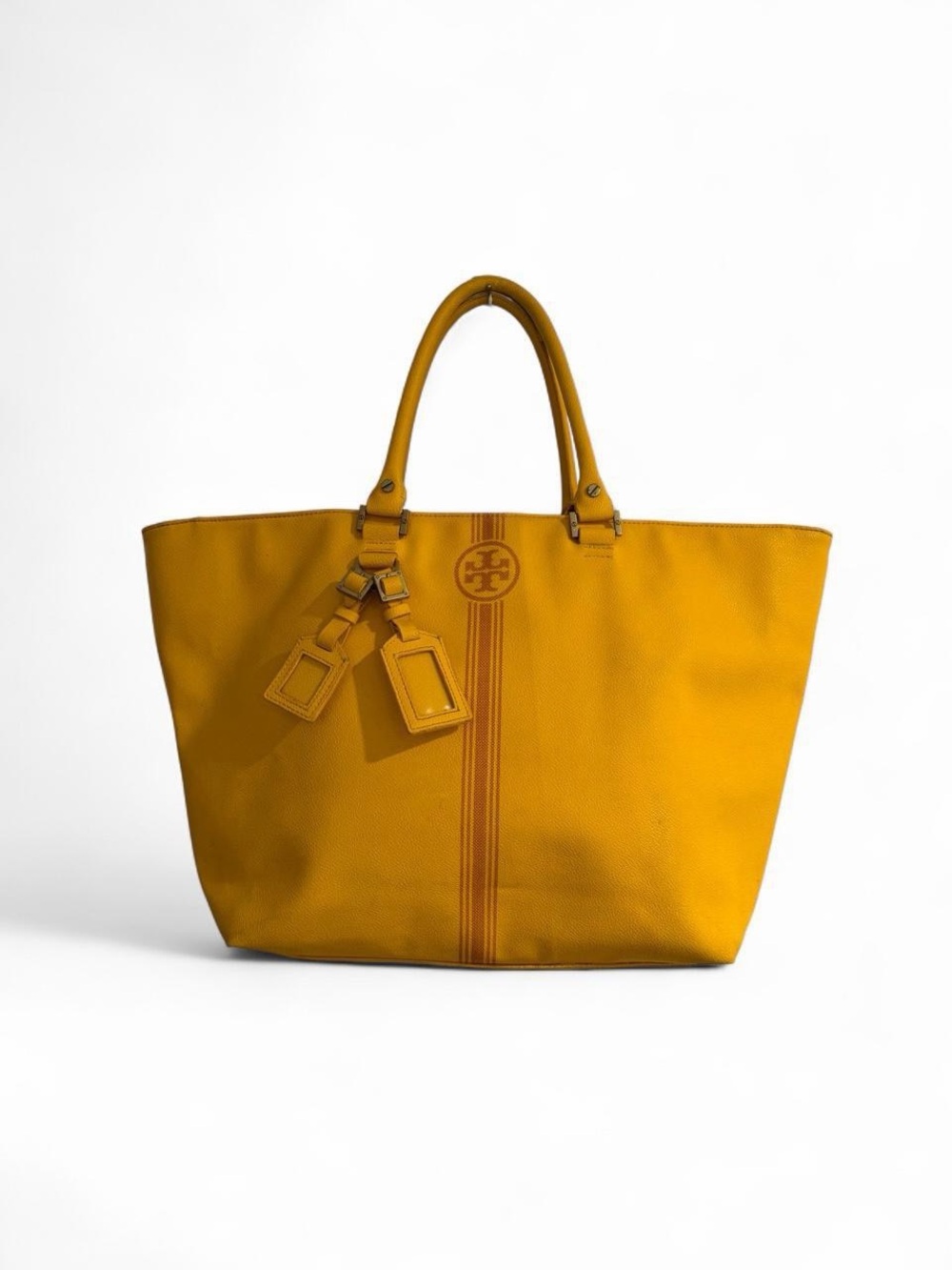 Tory Burch Mustard Leather Tote with Stripe Detail